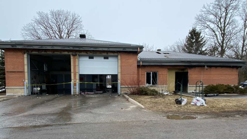 The Lanark County Paramedic Service ambulance bay in Almonte, Ont. was damaged by a fire Friday morning. No one was hurt. (Dylan Dyson/CTV News Ottawa) 