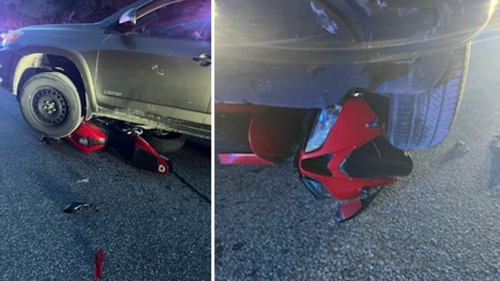 The MRC des-Collines-de-l'Outaouais police say an SUV crushed a motorcycle in a road rage incident in La Peche on June 1. (MRC des-Collines-de-l'Outaouais police/Twitter)