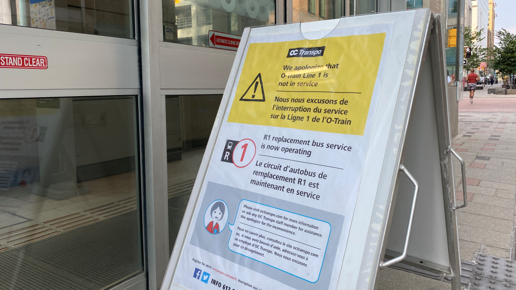 A sign declaring the LRT is out of service. July 17, 2023. (Leah Larocque/CTV News Ottawa)