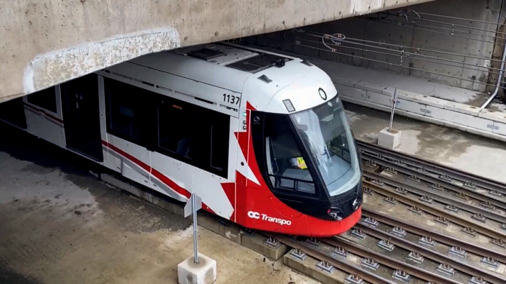 A train passes under an overpass along the Confedration Line of Ottawa's LRT. (CTV News Ottawa)