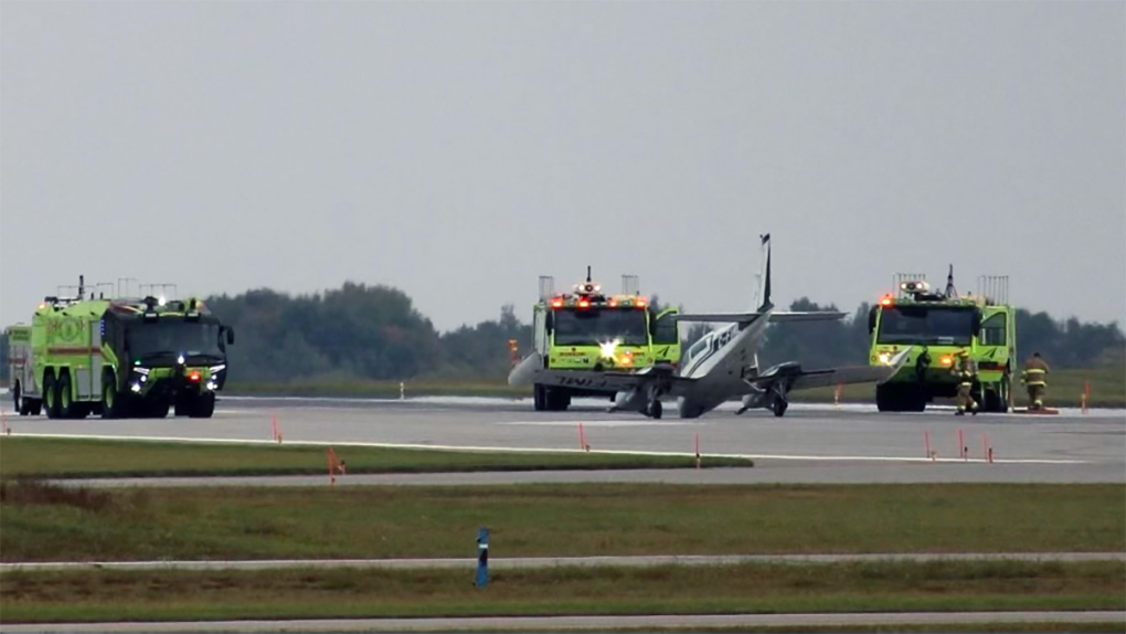 A small plane made an emergency landing at the Ottawa Airport on Saturday, Sept. 23, 2023, after its front landing gear would not lock in place. No one was hurt. (Dylan Still/Submitted)