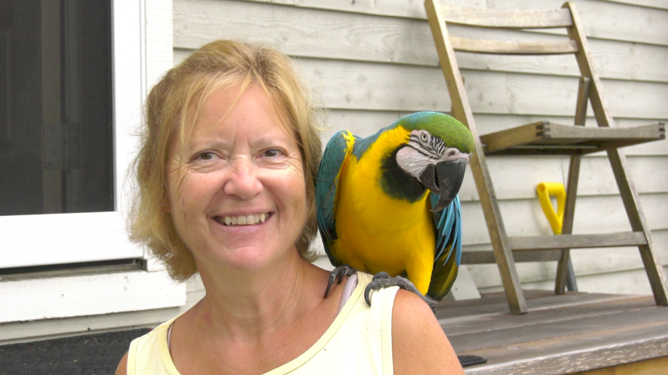 Barbara Engel and Oliver the parrot